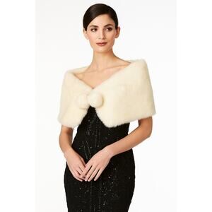 Vintage Style White Faux Fur Stole with Pom Poms – Satin Lined